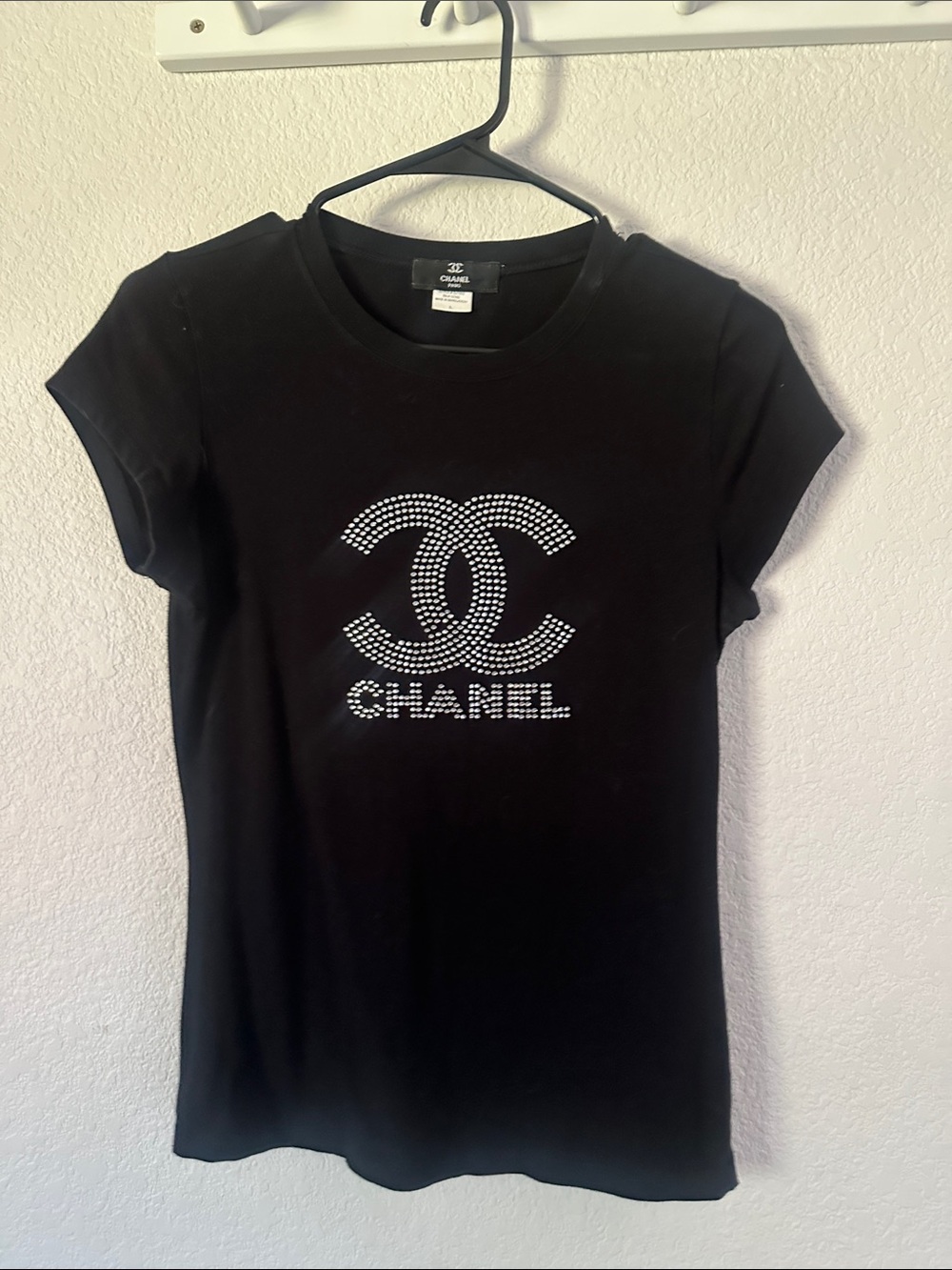 CHANEL Black Short Sleeve Tee with Crystal CC Motif